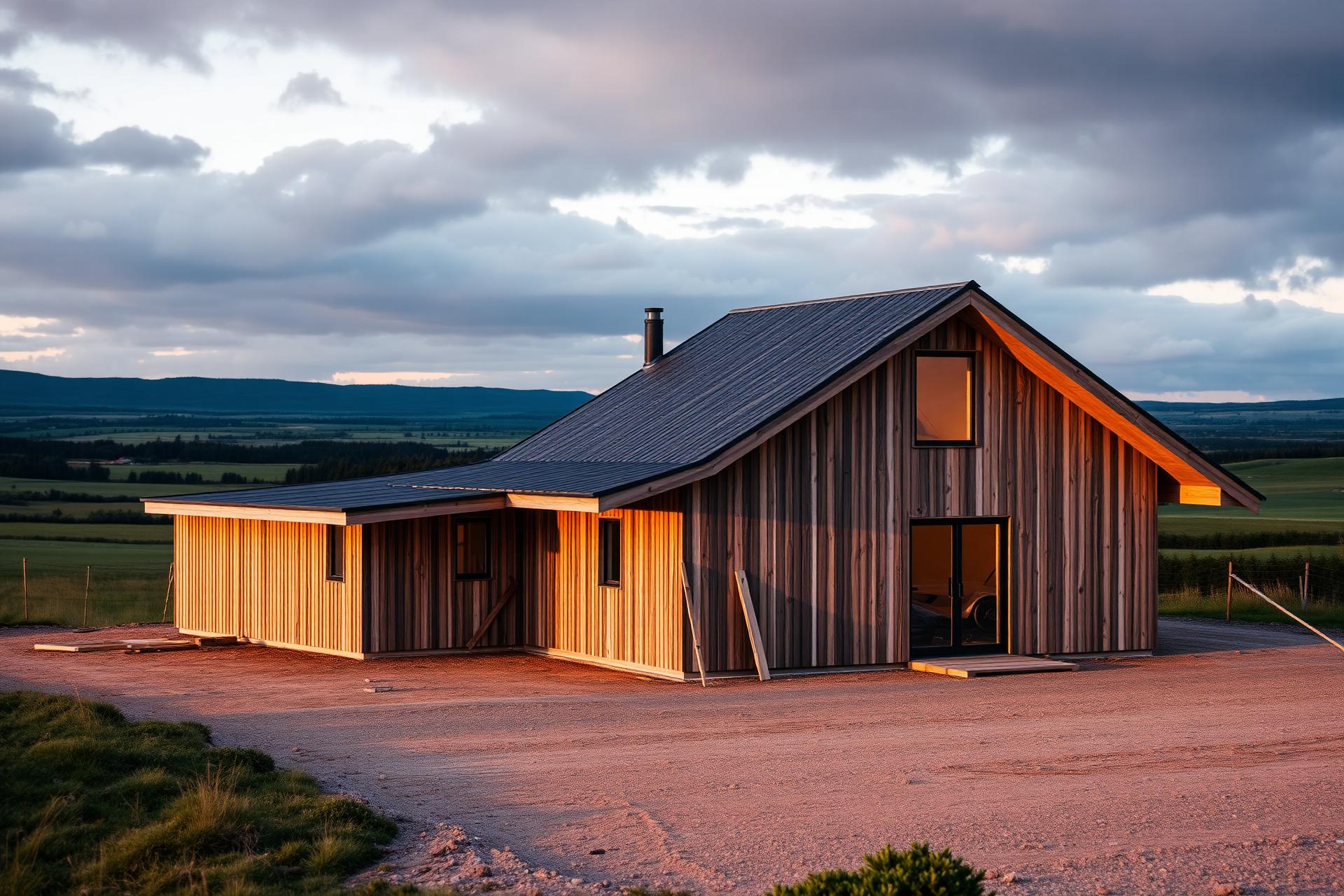 Modernt nybyggt trähus i kvällsljus