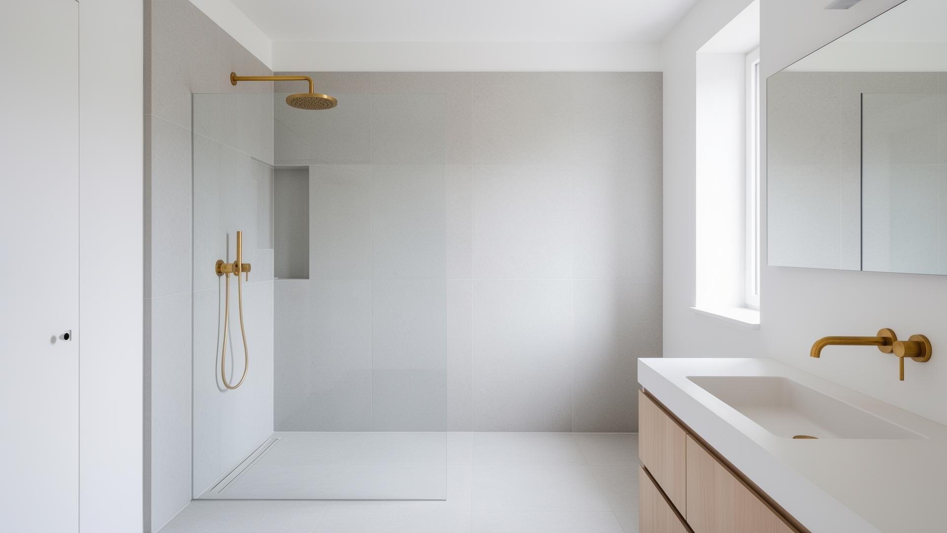 Modernt minimalistiskt badrum med ljus kakel